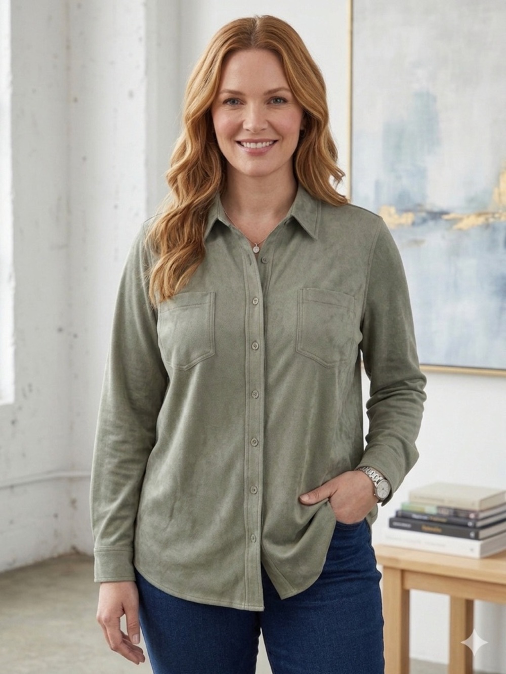 Natural Reflections 1X Faux Suede Button Down Shirt